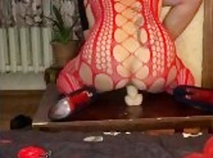 Nymphomaniac in red and latex mask jerking and blowjob big cock cum...