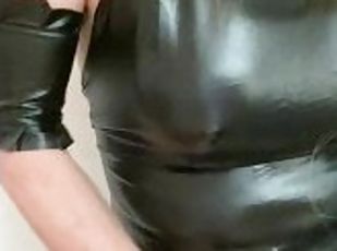 Horny Chloe masturbates with her big slicone boobs in black pvc dre...