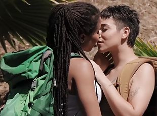 Wild ebony lesbian gets her pussy fingered outdoors by her bigbooty...