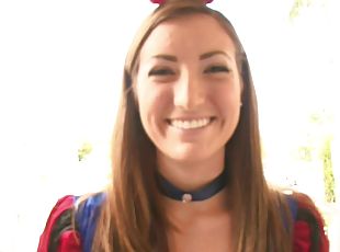 Finest brunette in a colorful costume rides the dick with a smile