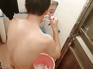 asiatique, papa, masturbation, énorme-bite, gay, joufflue, toilette, webcam, solo, chinoise