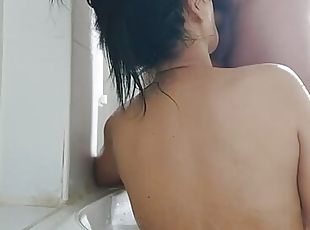 asiatisk, bad, doggy-style, hårig, fitta-pussy, kvinnligt-sprut, mogen, cumshot, milf, creampie