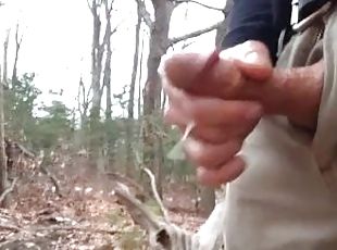 Public jerking in the woods by the water, good cumshot and orgasm t...