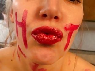 Summer Fun! Cute Girl Covers Herself In Red Lipstick & Touches Hers...