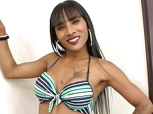 Dark skinned big tits Asian ladyboy shemale enjoys a good anal stre...