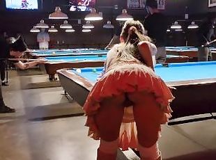 Skirt was too short for no panties at the pool hall...couldn't hide...