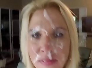 blonde girl adores when her lover cum on her face when she is on he...