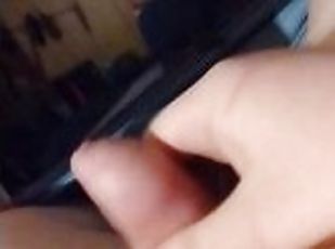 Stroking my dick with my balls tied up in a hair tie (cum eating)