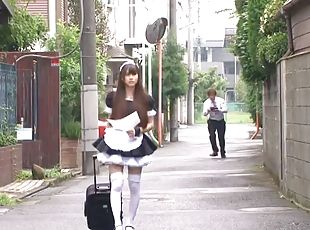 Naughty Japanese maid cleans men's hard pipes like a pro