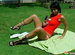 Dark haired teen in high heels enjoys masturbating nicely in this o...