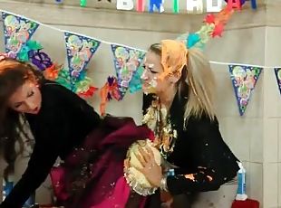 Two ladies have food fight after the party