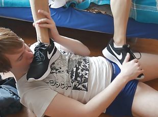 Intense feet worship of my teen friend in sneakers