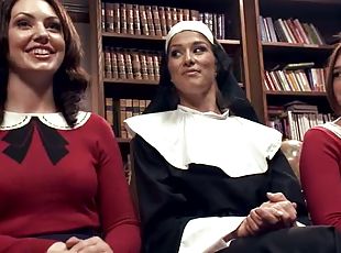 Sexy nun dominates two sexy babes in school uniform