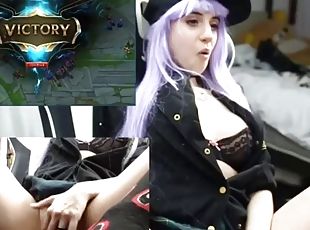 Sexy gamer playing League of Legends with a toy in her pussy