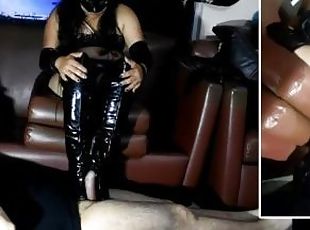 Bootjob in thigh high otk stiletto boots of patent leather by Fetishwife wearing leather clothes