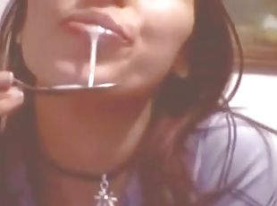 Young cutie plays with her pussy and eats her juices with a spoon a...