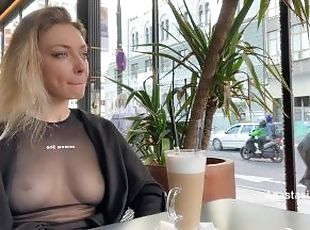 Flashing tits in cafe with glass walls so all people outside see me...