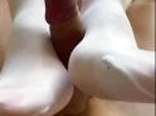 White Stockings Nylon footjob. Jerking his cock with my  feet in wh...