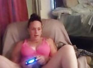 Pretty Gamer Girl Smoking In Sexy Pink Lingerie Playing Video Games...