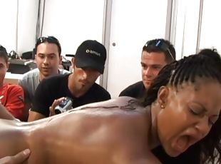 Group of guys watch as a black girl gets fucked by a white guy