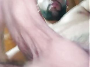 Jerking my big uncut cock with spit until I cum after working out ....