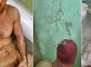Muscular man jerks off and cums in the bathroom! Cum under water! P...