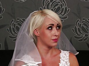 Busty blonde bimbo bride cock sucker receives a massive facial