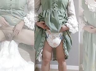 Crossdresser Wearing a Green Dress and a Thick Diaper, then Jerking...