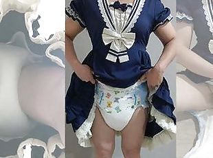 Crossdresser Wearing a Blue Sailor Dress and a Thick Diaper, then J...