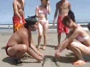 tettone, ragazze-giovani, giapponesi, spiaggia, divertenti, wrestling