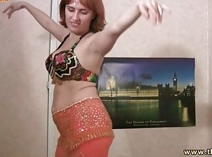 Busty drunk girl in bra does belly dance