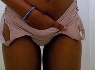 African 18yo Teen plays with her pussy and tits in the school's bat...