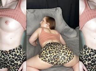 Split screen JOI with dildo BJ in sexy gym outfit leopard yoga shor...