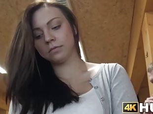 Brunette cheats on her boyfriend for cash at a bowling place