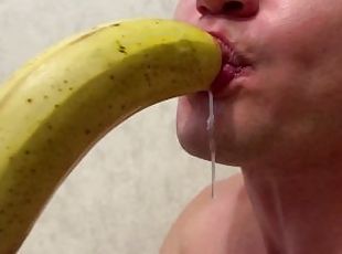 Throat training with banana. Drool, milk, sloppy. Very dirty.  Very...