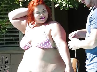 feit, latina, bbw, svømmebasseng, rumpe-butt, bikini