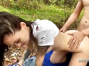 Horny brunette gets pounded hard and throat fucked in nature live a...