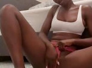 Teen Ebony playing and fingering her tight creamy pussy, big O on c...