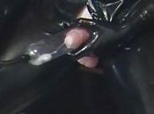 HUGE CUMSHOT IN PUMP Latex slave pup enjoys breath control dick pum...