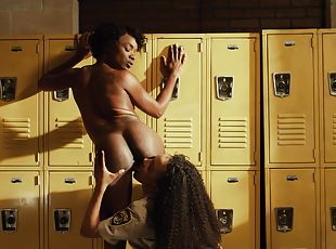 Ebony babes Ana Foxxx & Demi Sutra having lesbian sex in the locker...
