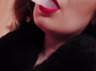 ASMR fur coat fetish, vaping smoking with leather gloves (Arya Gran...