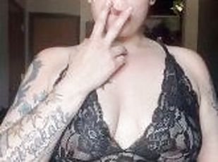 BBW stepmom MILF smokes 420 in black lingerie