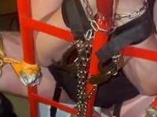 Loud pregnant submissive chained in garage to moving trolley - wand...
