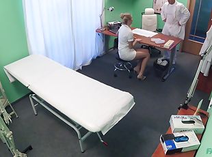 sykepleier, kontor, pussy, lege, hardcore, handjob, par, cfnm, blond, knulling