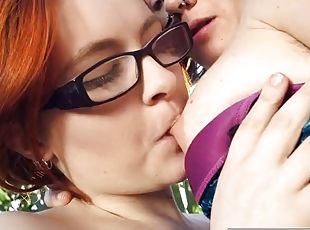 Hairy lesbians fuck outdoors