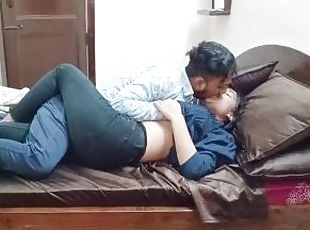 Hot Indian horny couple kissing and licking each other deeply mouth...
