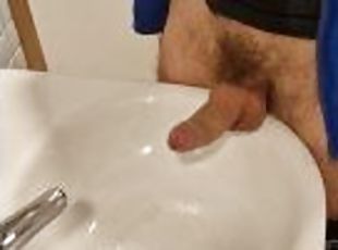 Risky public mirror jerk at work / long uncut hairy cock