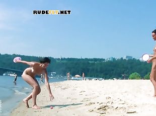 nudist, zunaj, lezbijka, plaža, očarljive, rjavolaske