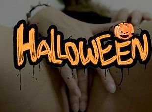 Naughty petite blonde in Halloween costume shows her pussy and plea...