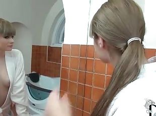 Cute girl in a robe sucks dick in bathroom